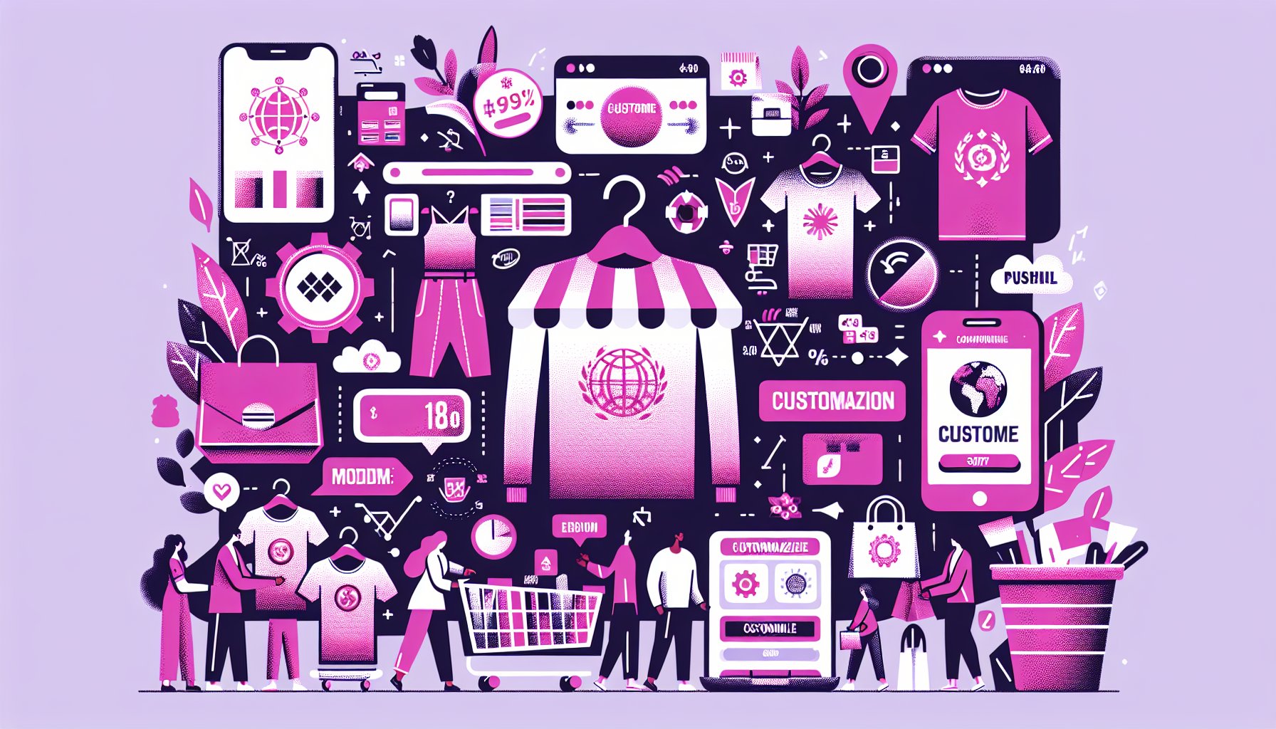 Custom branded apparel showcasing sustainable practices, personalized clothing, and e-commerce custom orders for community building.