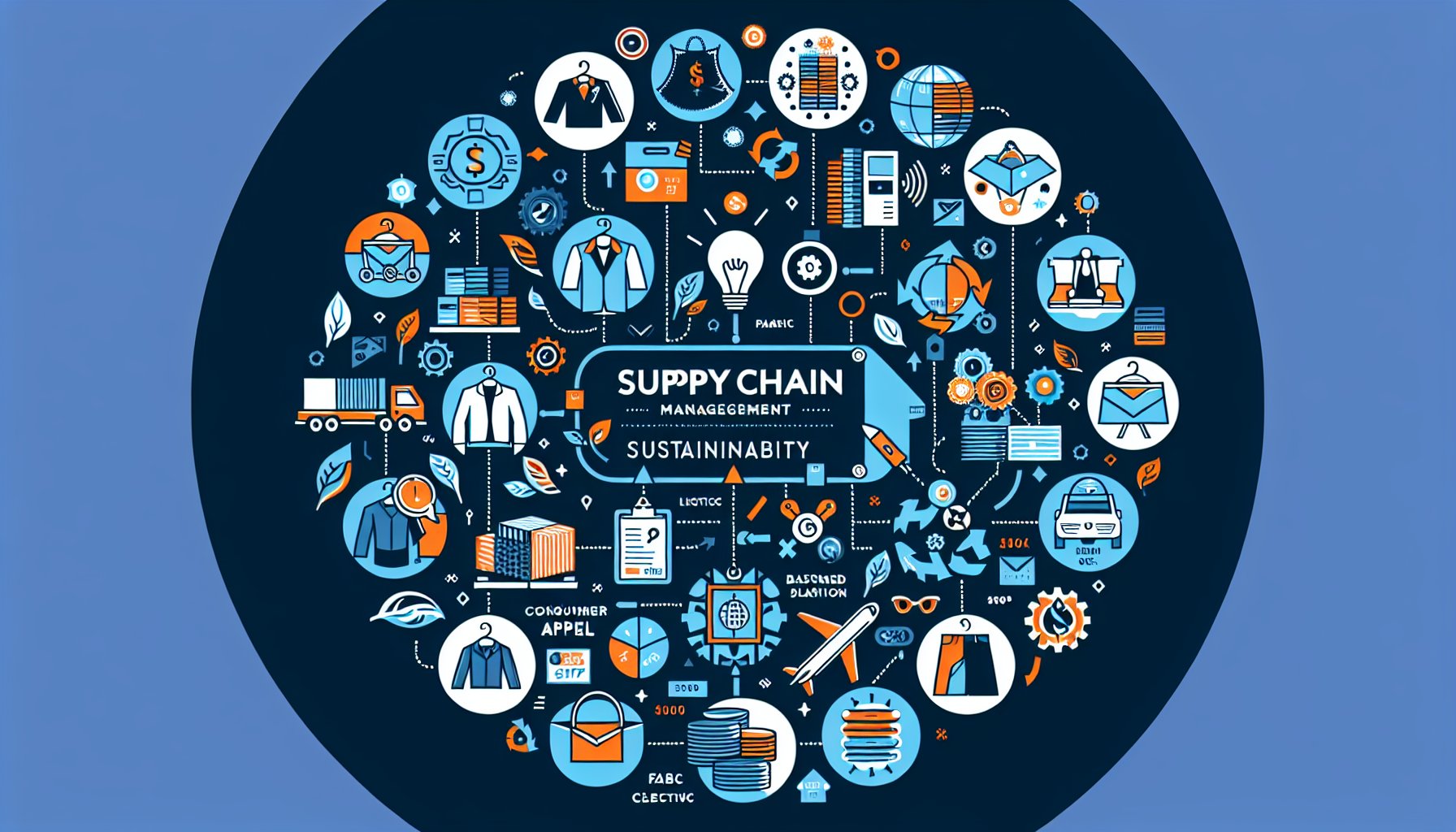 Illustration explaining supply chain management for branded apparel, highlighting logistics, sustainable practices, and fabric selection.