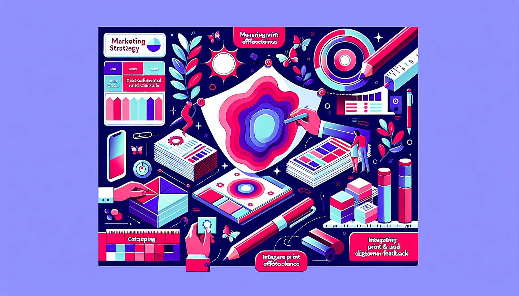 Infographic on measuring print collateral effectiveness in marketing strategies using customer feedback and digital integration.