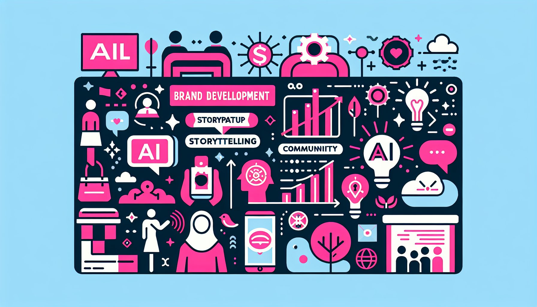 Guide on brand development strategies for startups, focusing on storytelling, AI engagement, community building, and consumer trends.