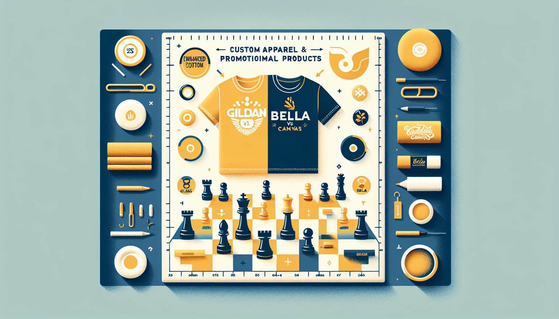 Comparison of custom apparel vs promotional products for brand visibility, featuring Gildan and Bella Canvas in branding strategy.