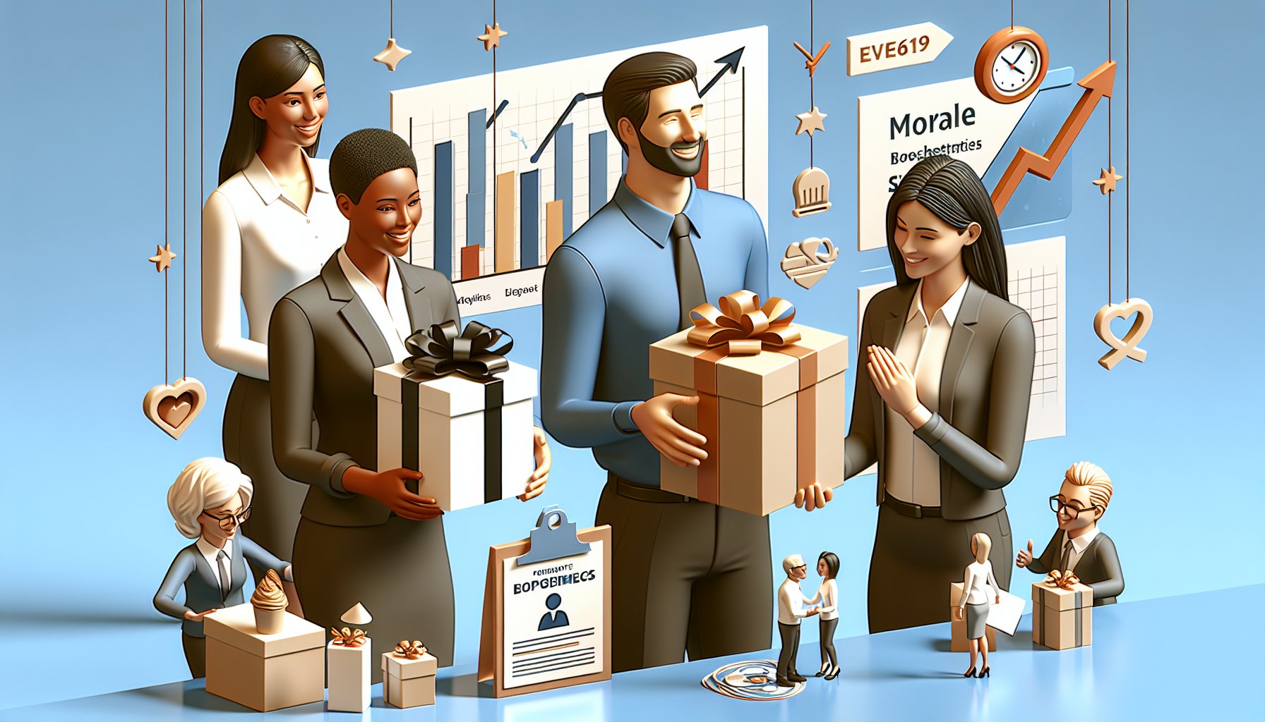 Creative corporate gifts enhancing employee engagement and morale, fostering workplace happiness and appreciation strategies.