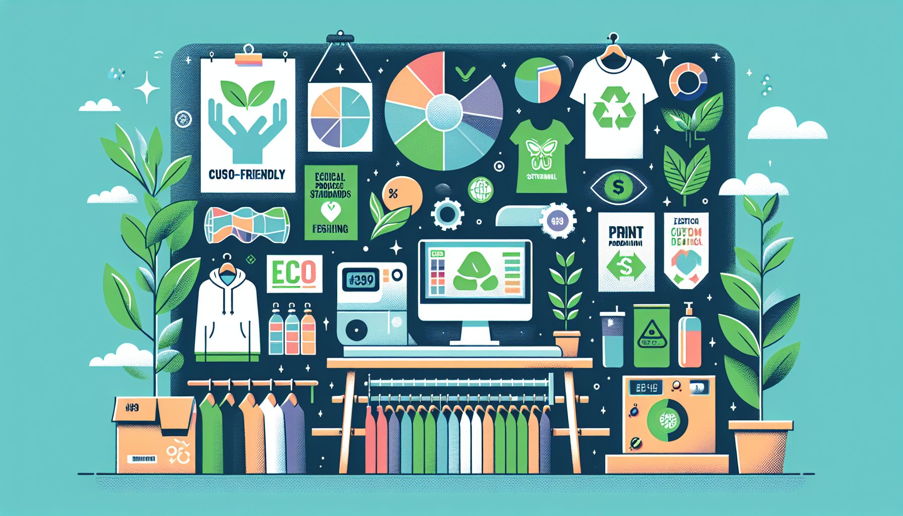 Eco-friendly custom apparel showcasing sustainable fashion with Print on Demand, emphasizing ethical production and carbon footprint reduction.