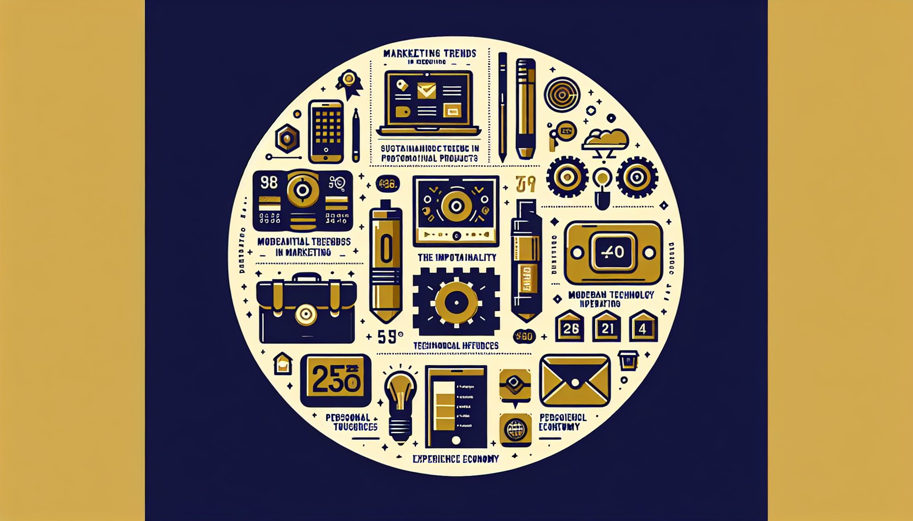 Infographic on future trends in promotional products, highlighting sustainability, tech integration, and personalized marketing strategies.