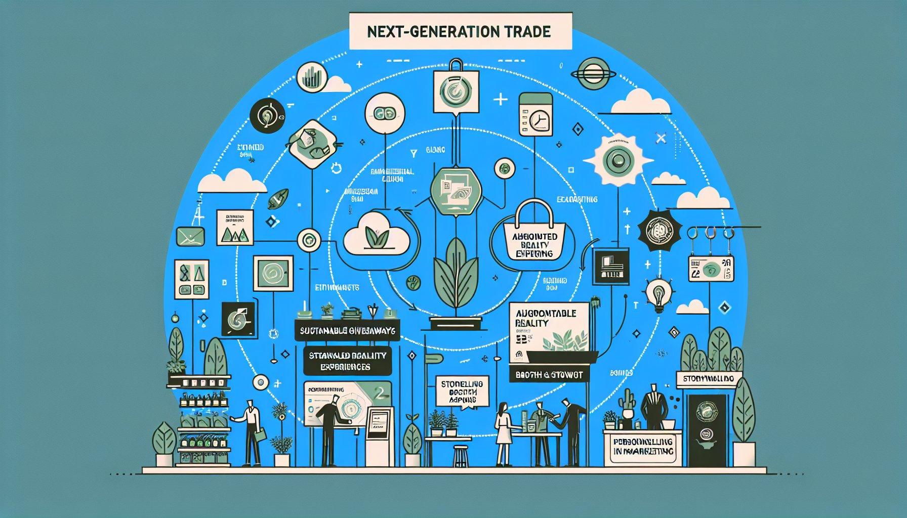 Nine next-gen trade show items showcasing sustainable giveaways, AR experiences, and personalized marketing storytelling.