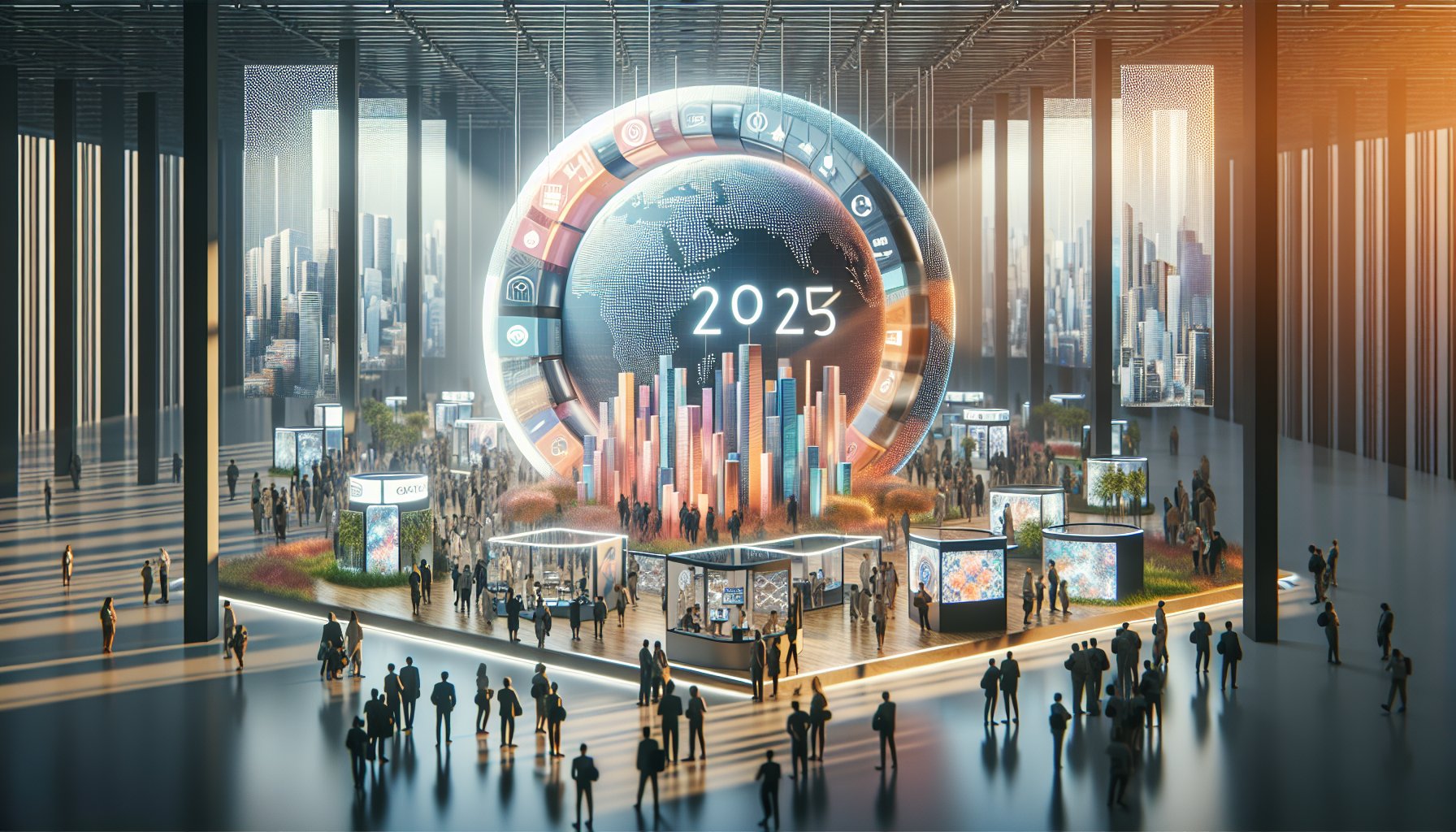 Infographic showcasing trade show trends 2025: sustainable displays, personalized engagement, immersive experiences, and tech innovations.