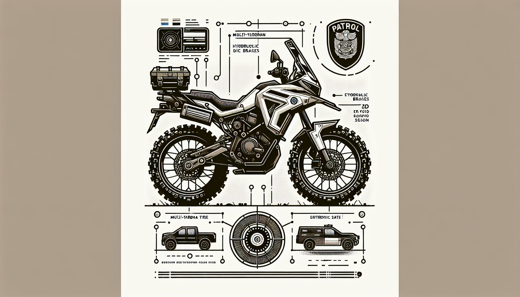 Patrol bike engineering highlights safety features like multi-terrain tires, hydraulic disc brakes, and ergonomic seat designs.