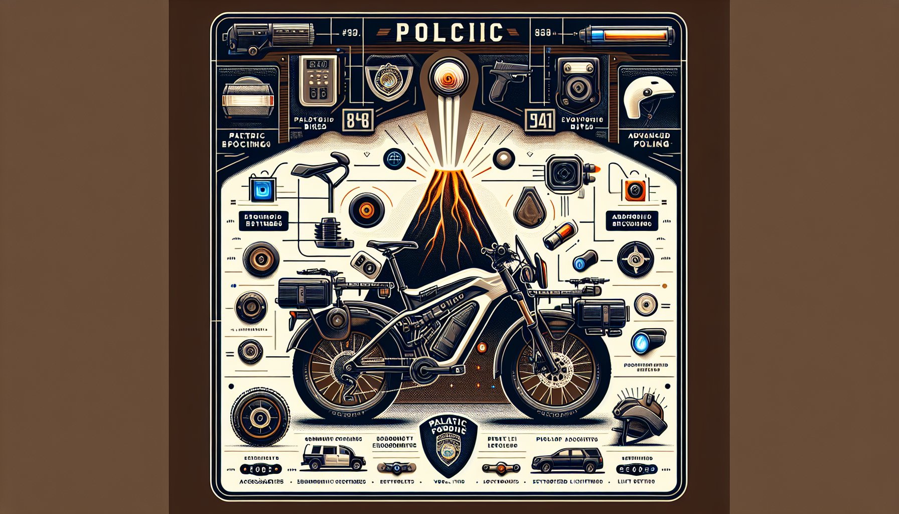 Volcanic Bikes accessories for patrol: ergonomic enhancements and advanced lighting for community policing efficiency.