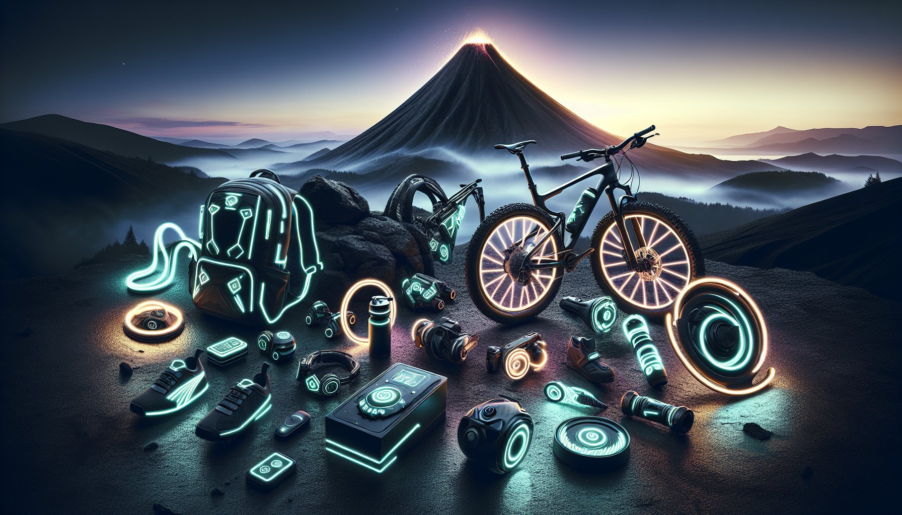 Essential accessories for Volcanic Bikes: safety gear, smart tech, high-visibility gear, and off-road essentials.