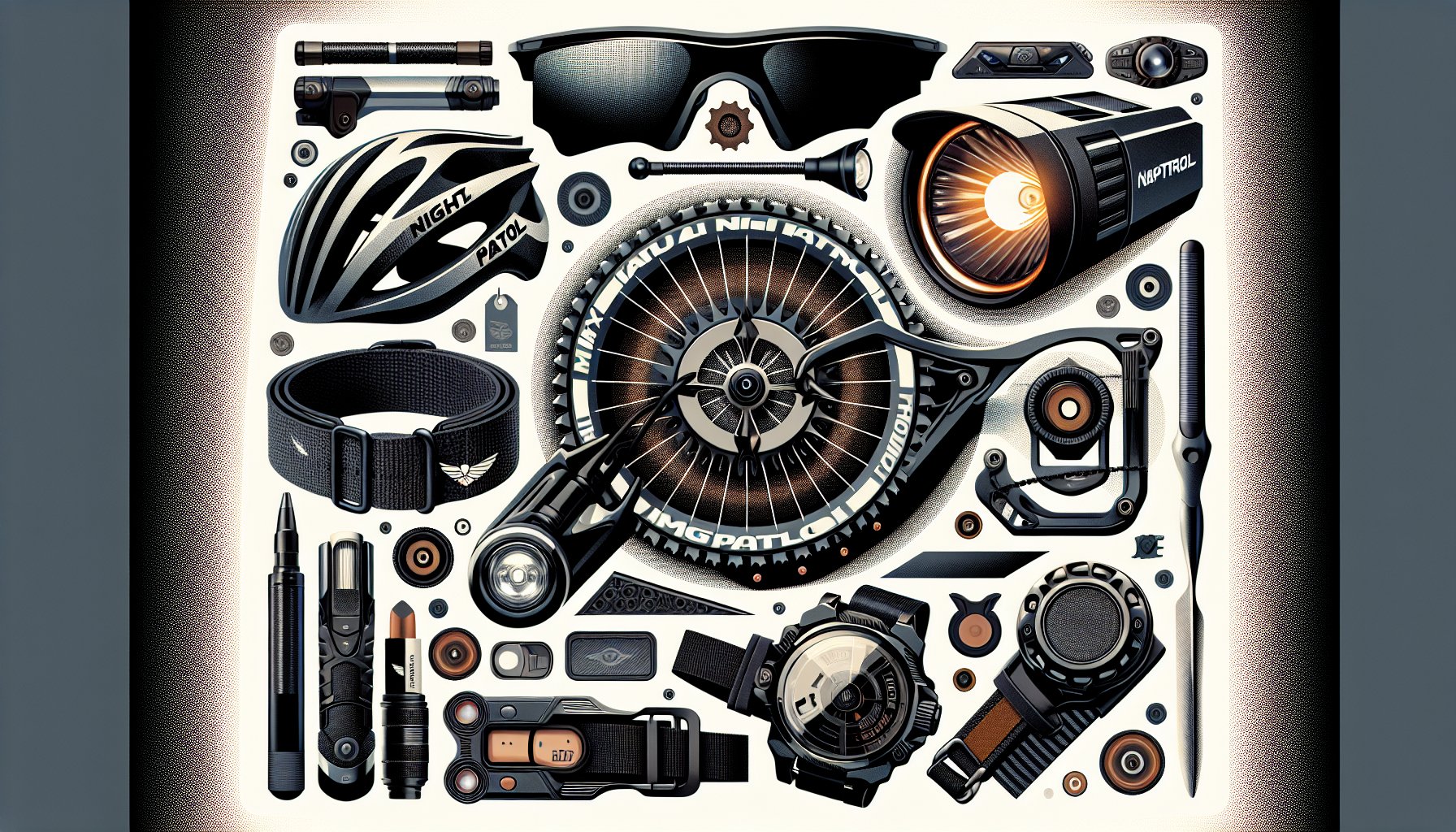 Night patrol biking accessories including MaxPatrol-600 DLX light, Sentry Aero tail light, and reflective gear for safety.