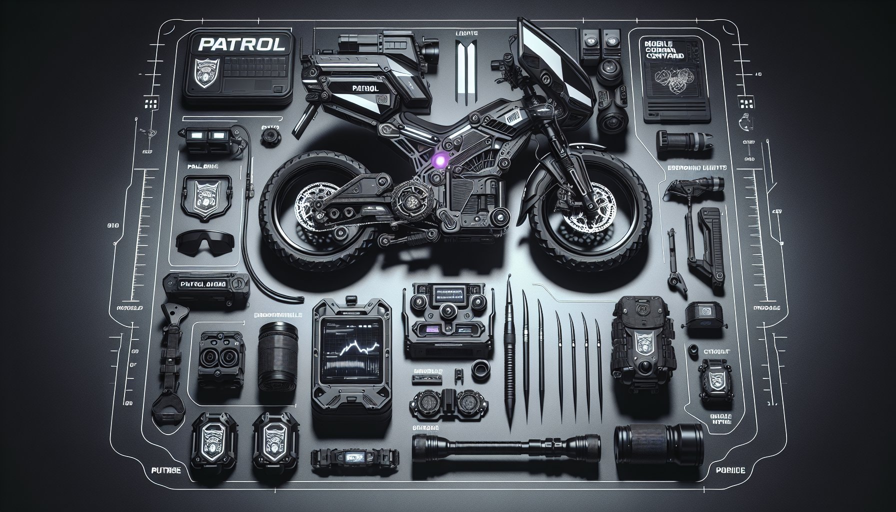 Patrol bike accessories for enhanced performance: high-powered lights, ergonomic upgrades, mobile command center, and maintenance tools.