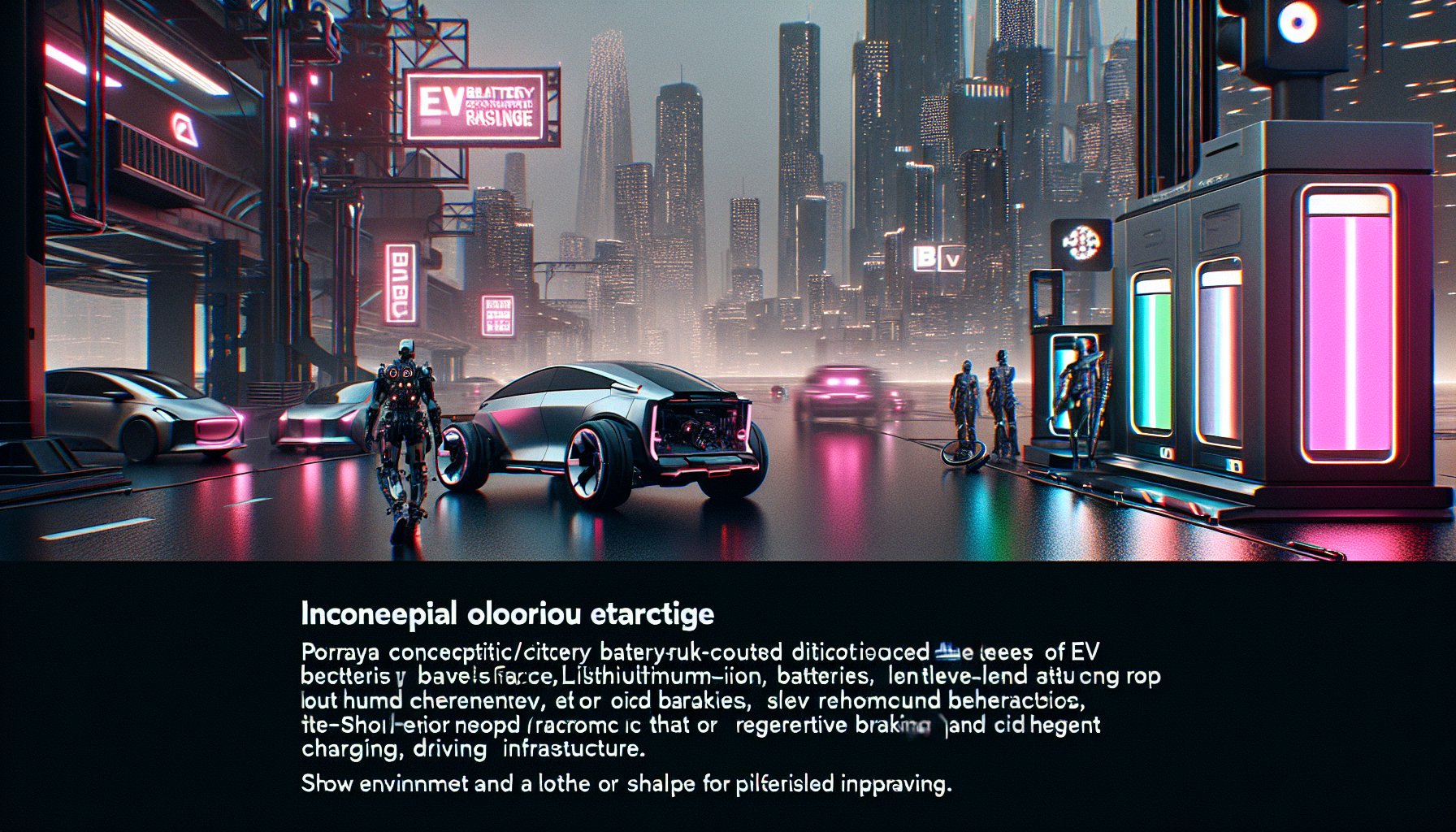 Illustration of factors affecting EV battery range, including lithium-ion batteries, driving habits, and charging infrastructure.