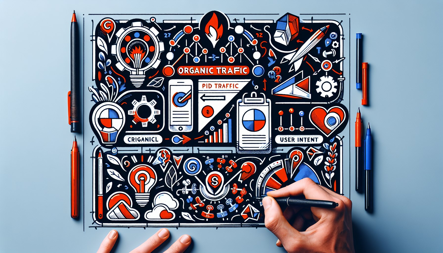 Comparison of organic vs paid traffic effectiveness for digital marketing strategies in 2025, focusing on user intent and multichannel approach.