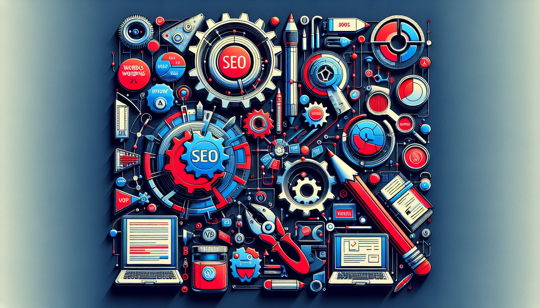 SEO in WordPress: key terms on on-page, off-page optimization, plugins, technical strategies, and keyword techniques.