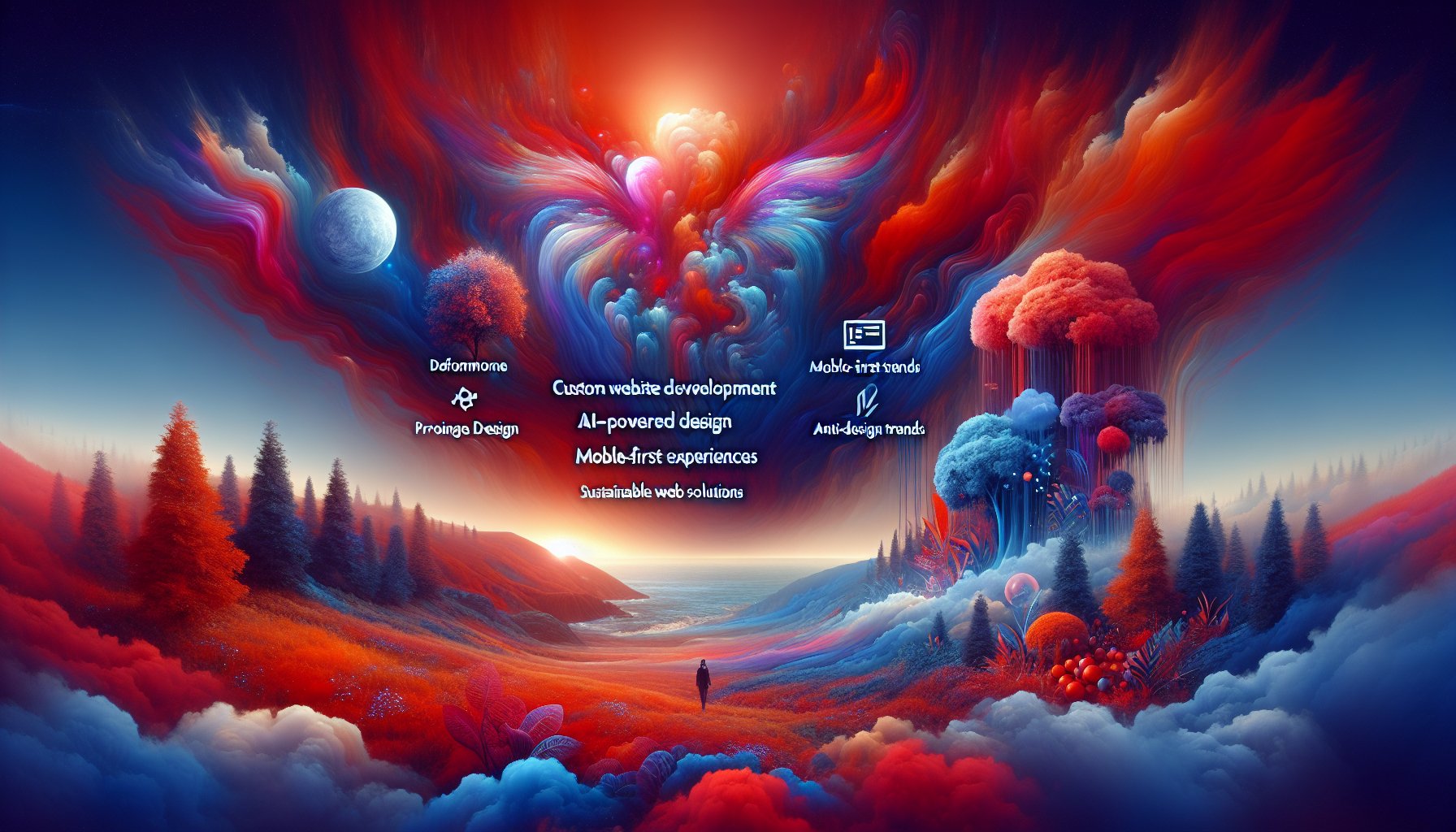 Custom website development trends for 2025: AI design, mobile-first experiences, anti-design, and sustainable solutions.