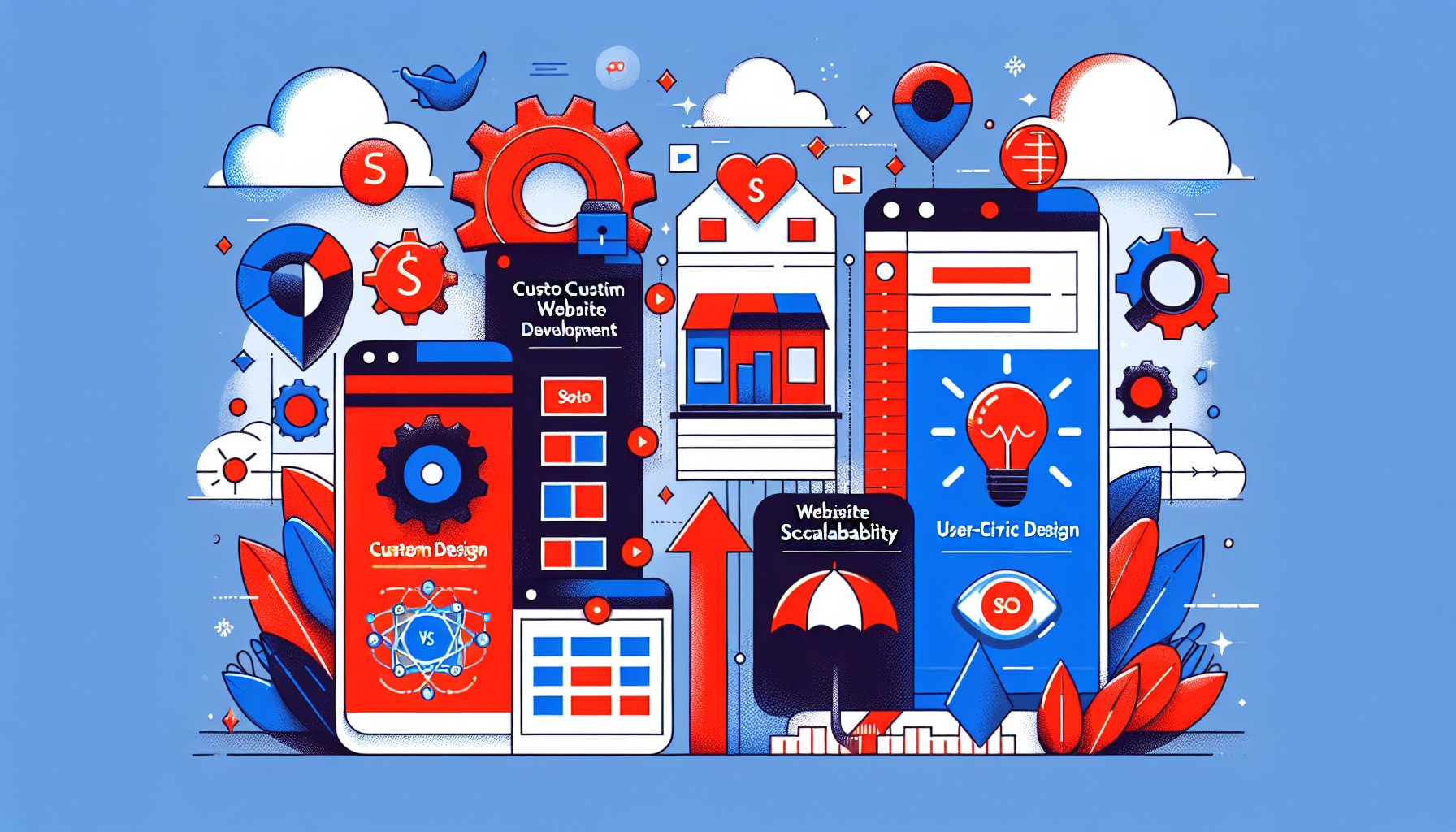 Custom website development vs. templates: analysis of scalability, user-centric design, and SEO optimization benefits.