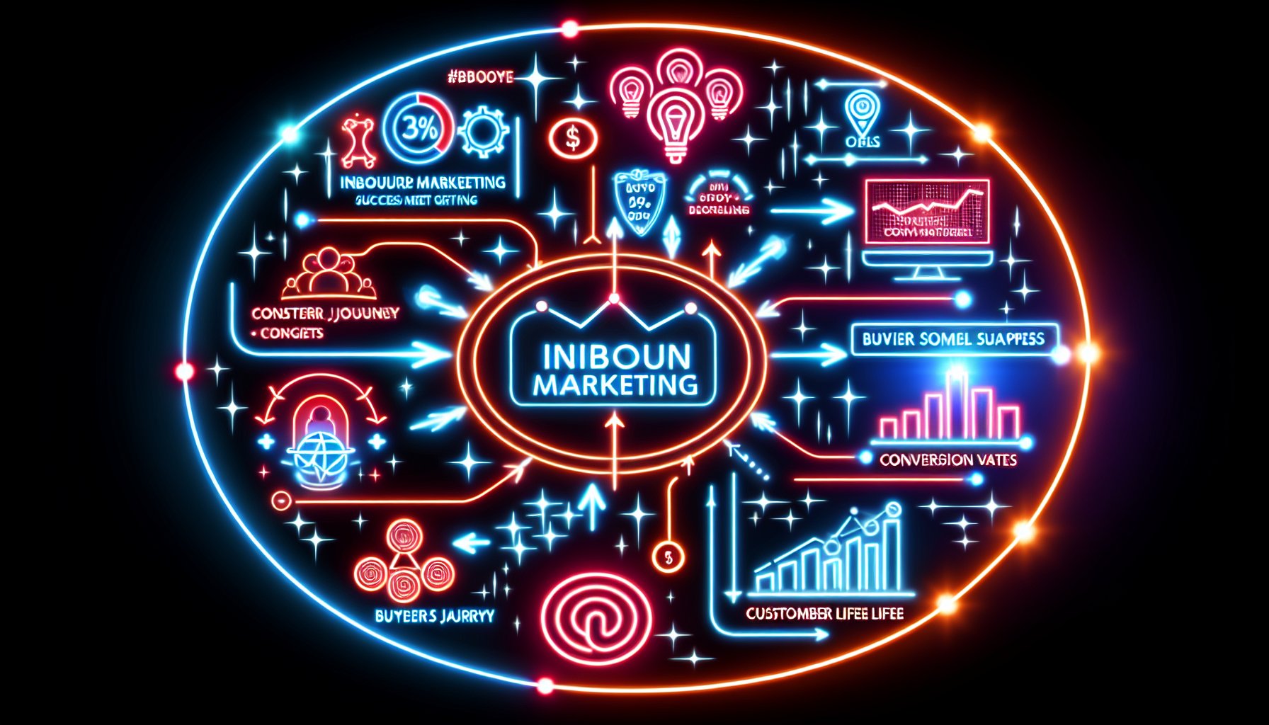 Visual guide on measuring inbound marketing success metrics, including conversion rates and customer lifetime value through the buyer's journey.