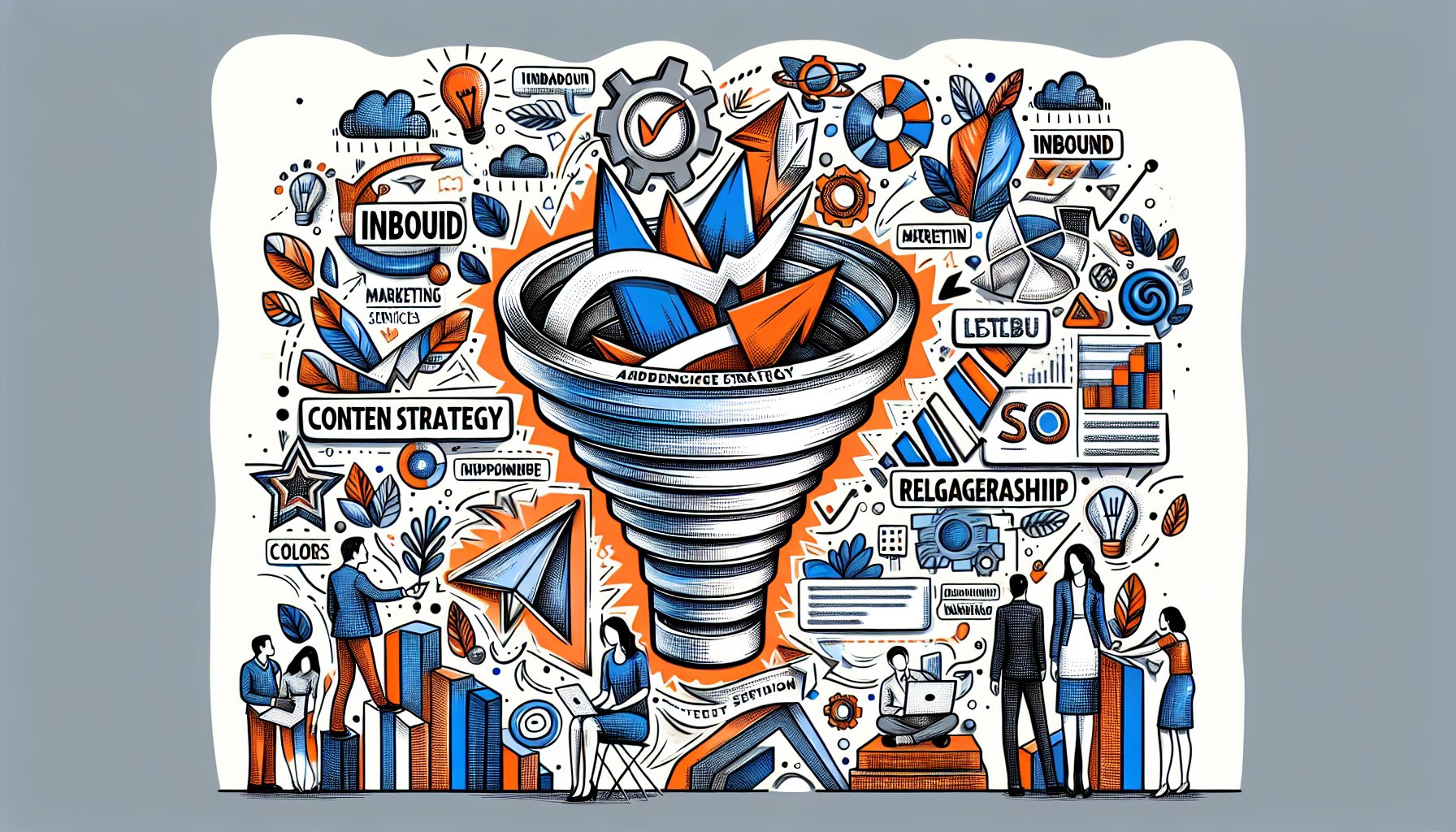 Inbound marketing services guide featuring content strategy, SEO optimization, audience engagement, and relationship nurturing.