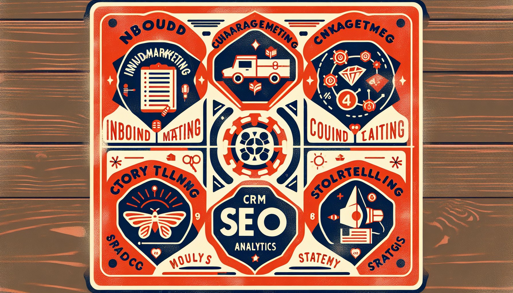 Inbound marketing toolkit showcasing customer engagement, storytelling, CRM analytics, and SEO strategies for modern marketers.